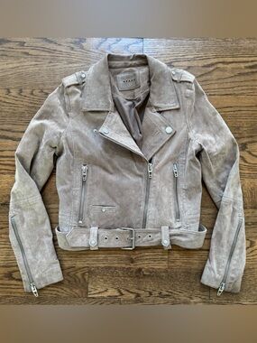 BLANKNYC Suede Moto Jacket Taupe (Grey/Beige) Leather Zip Belted Size Small